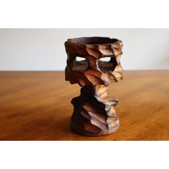 Vtg MCM Brutalist Carved Twisted Chalice Burl Wood Candle Holder Stand Tiki 6" - Picture 3 of 13